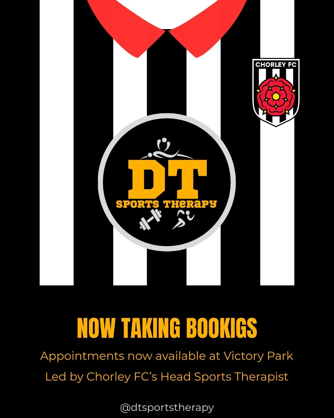 🚨 NOW TAKING BOOKINGS AT VICTORY PARK 🚨

I'm delighted to announce that DT Sports Therapy is now offering appointments from Victory Park, home of Chorley FC.

Whether you're recovering from injury, managing ongoing pain, preparing for competition, 