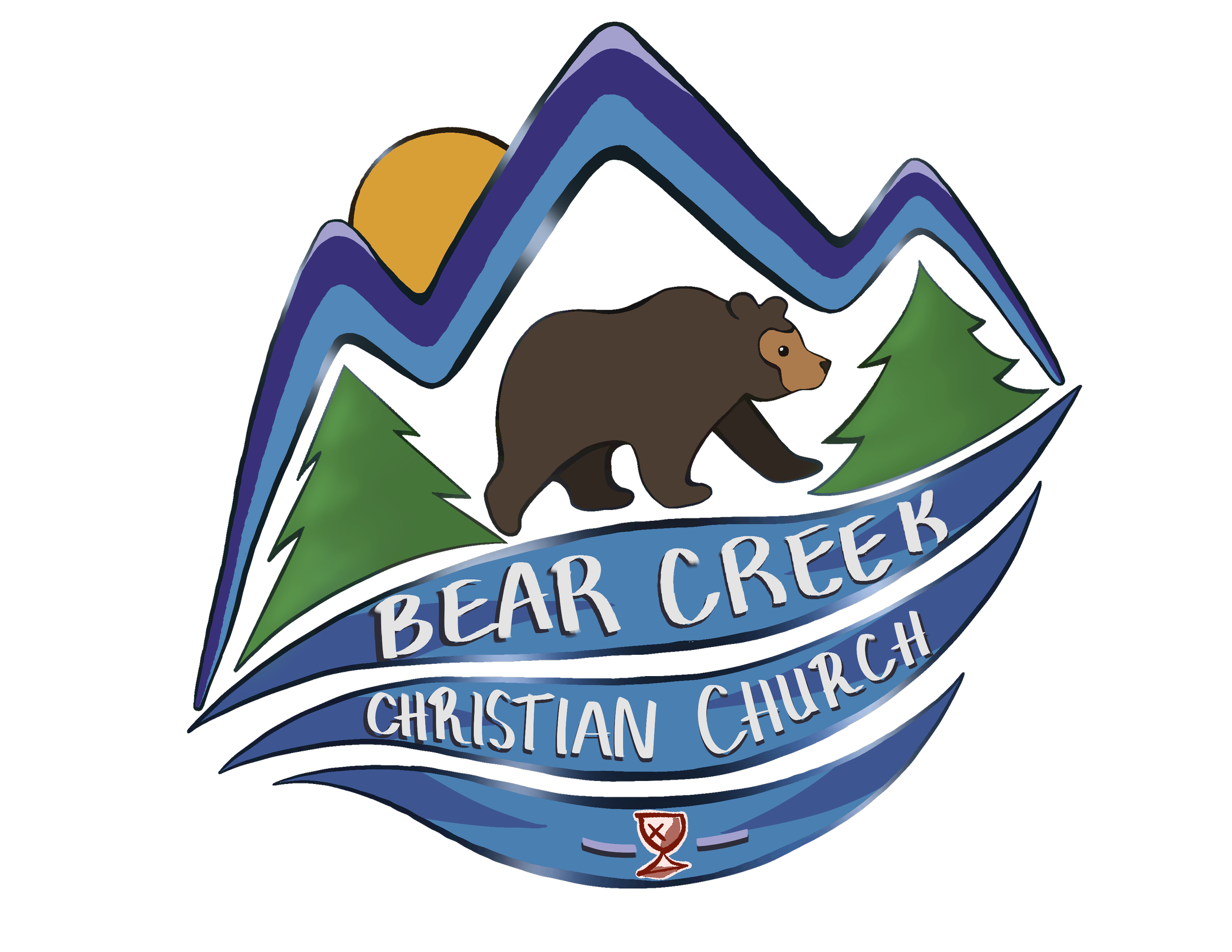 Logo for Bear Creek Christian Church featuring a brown bear, green trees, mountains, a sun, and a banner with church name.