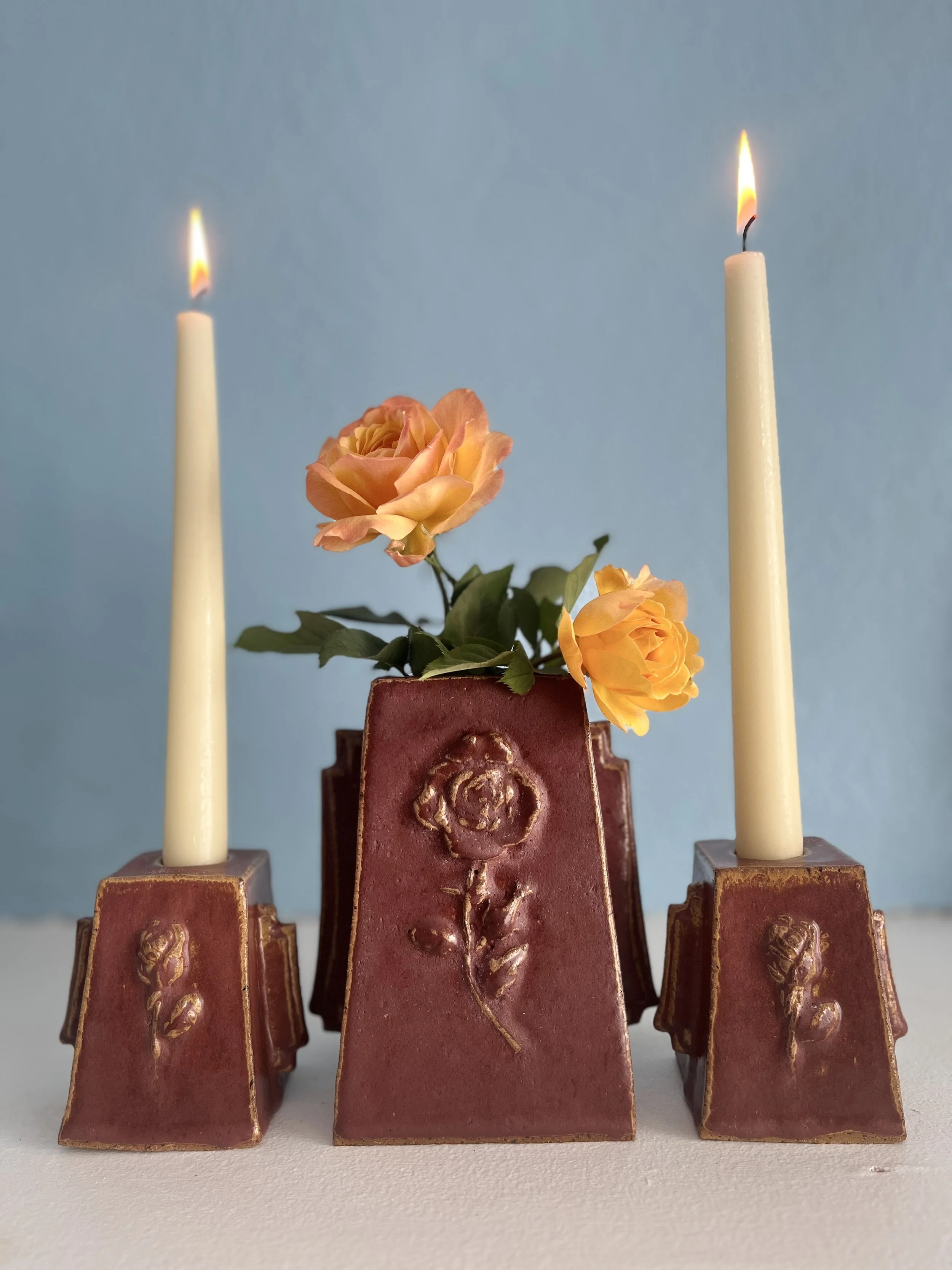 art Deco style rose vase and candleholders, 2023, by Mark Mitchell — hand-built high-fire clay, Acid Witch Regency: My Homosexual Home series, Tucson Arizona