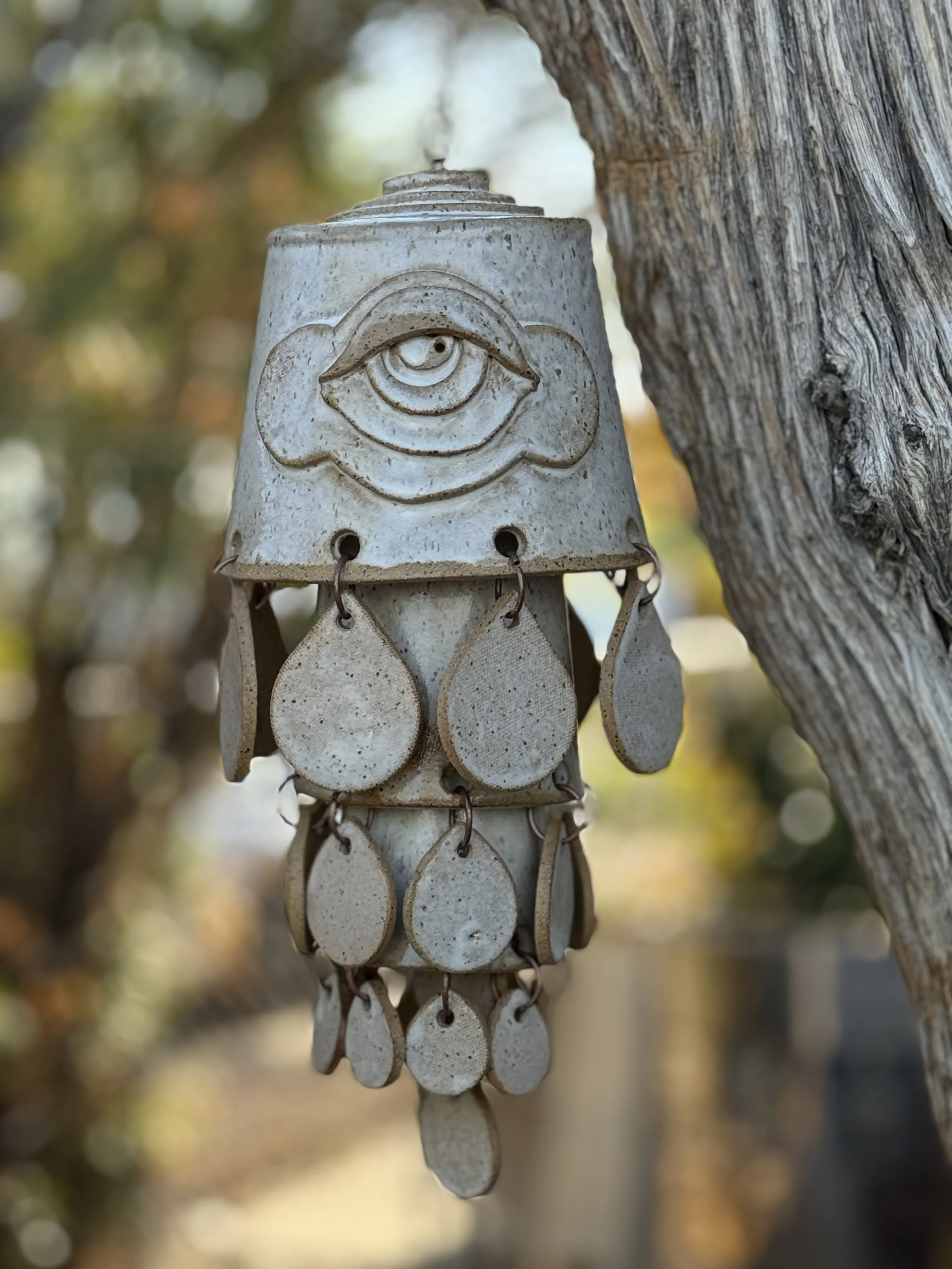 Ceramic bell with guardian eye, 2024, by Mark Mitchell — hand-built high-fire clay, Acid Witch Regency: My Homosexual Home series, Tucson Arizona