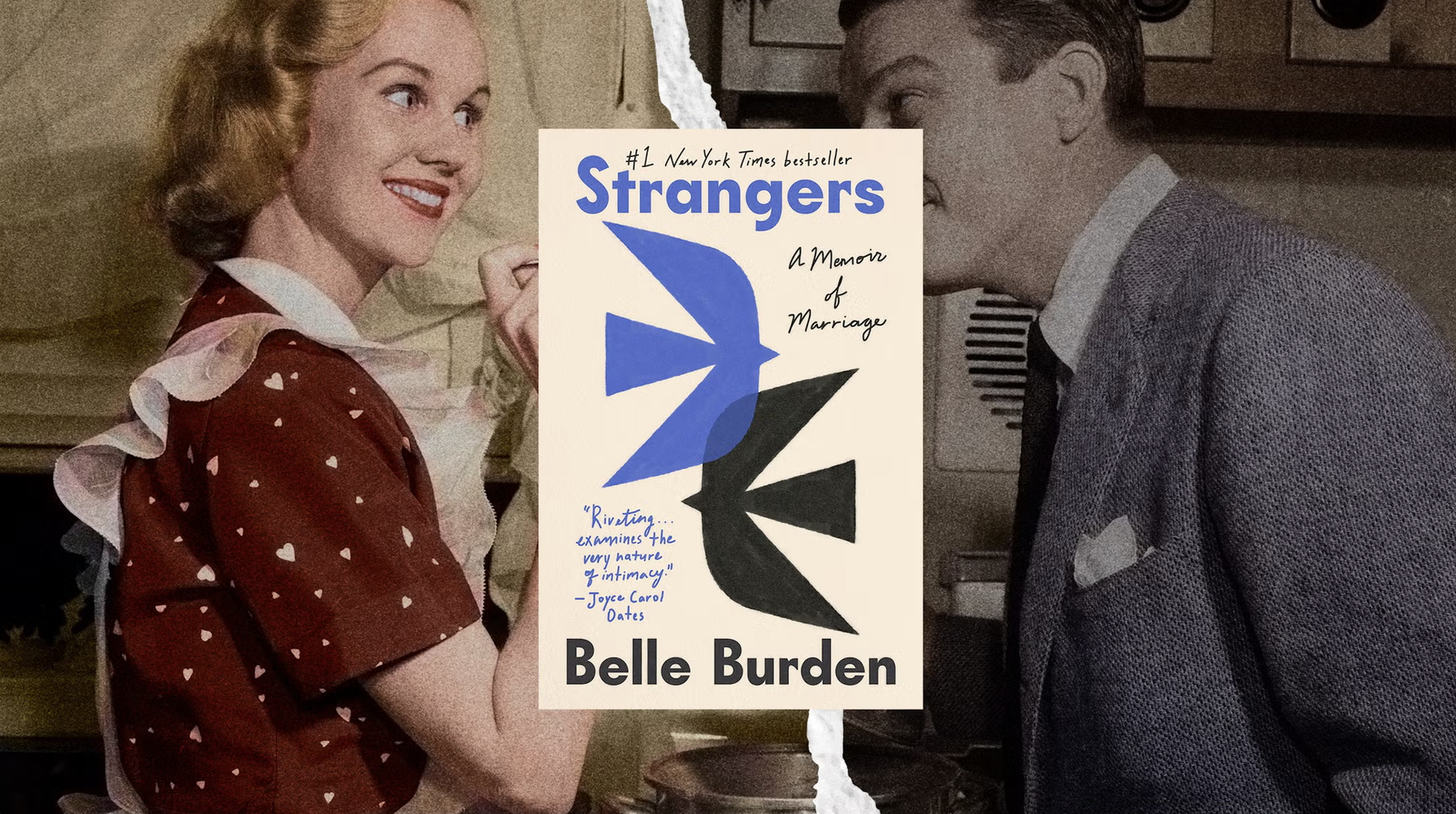 A woman with red hair wearing a red dress with white hearts and ruffled sleeves stands next to a man in a gray suit with a textured pattern. They are smiling and looking at each other. A poster between them features the book titled "Strangers" by Belle Burden, with a quote on the cover.