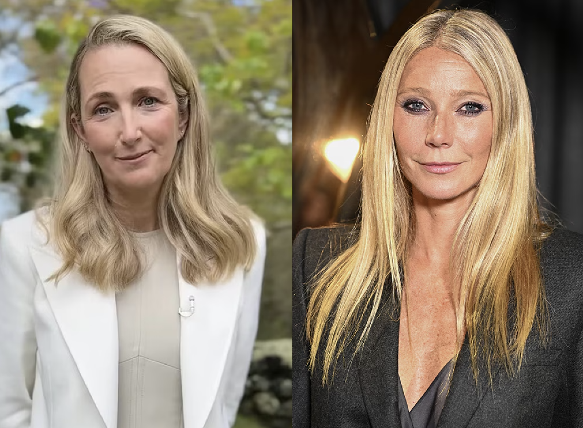 Side-by-side comparison of two women with long blonde hair. The woman on the left is smiling slightly, dressed in a white blazer and blouse, outdoors with blurred trees in the background. The woman on the right has a subtle smile, wearing a dark blazer with a black top underneath, in a dark setting with warm lighting.