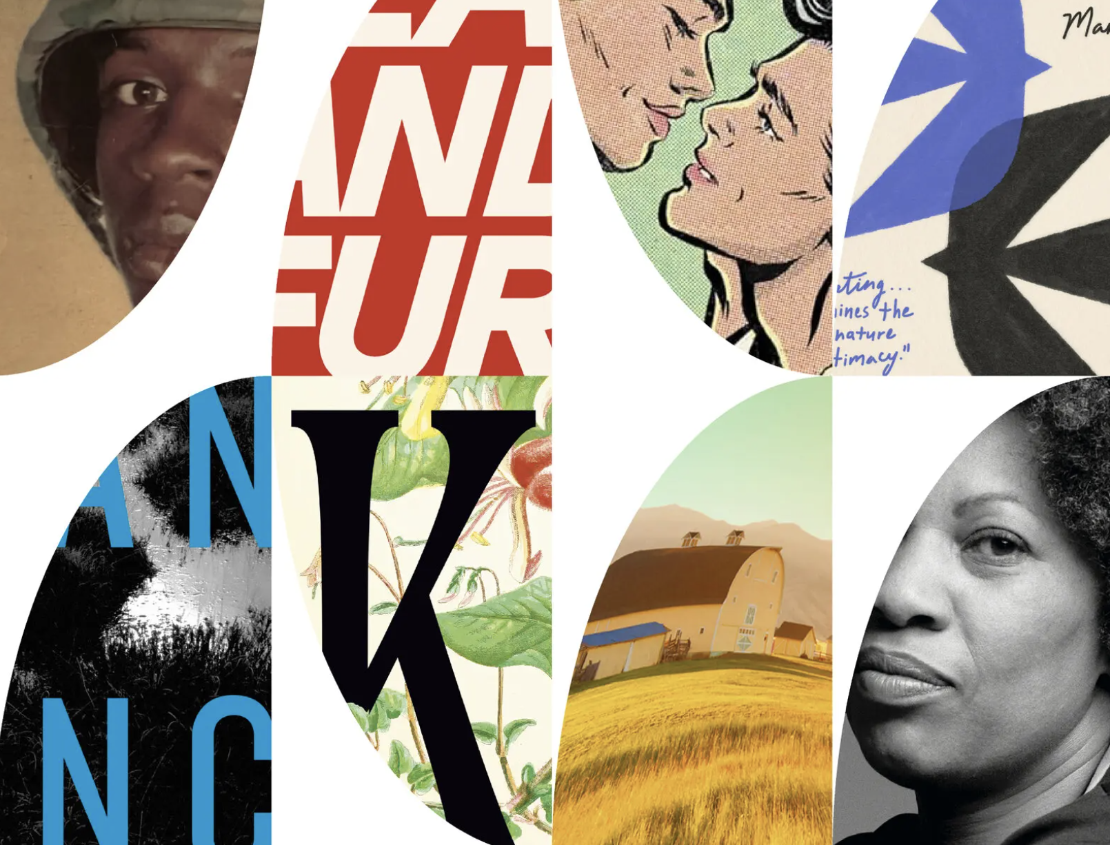 A collage of various images and illustrations including people, text, artwork, and landscapes, arranged with overlapping circular shapes.