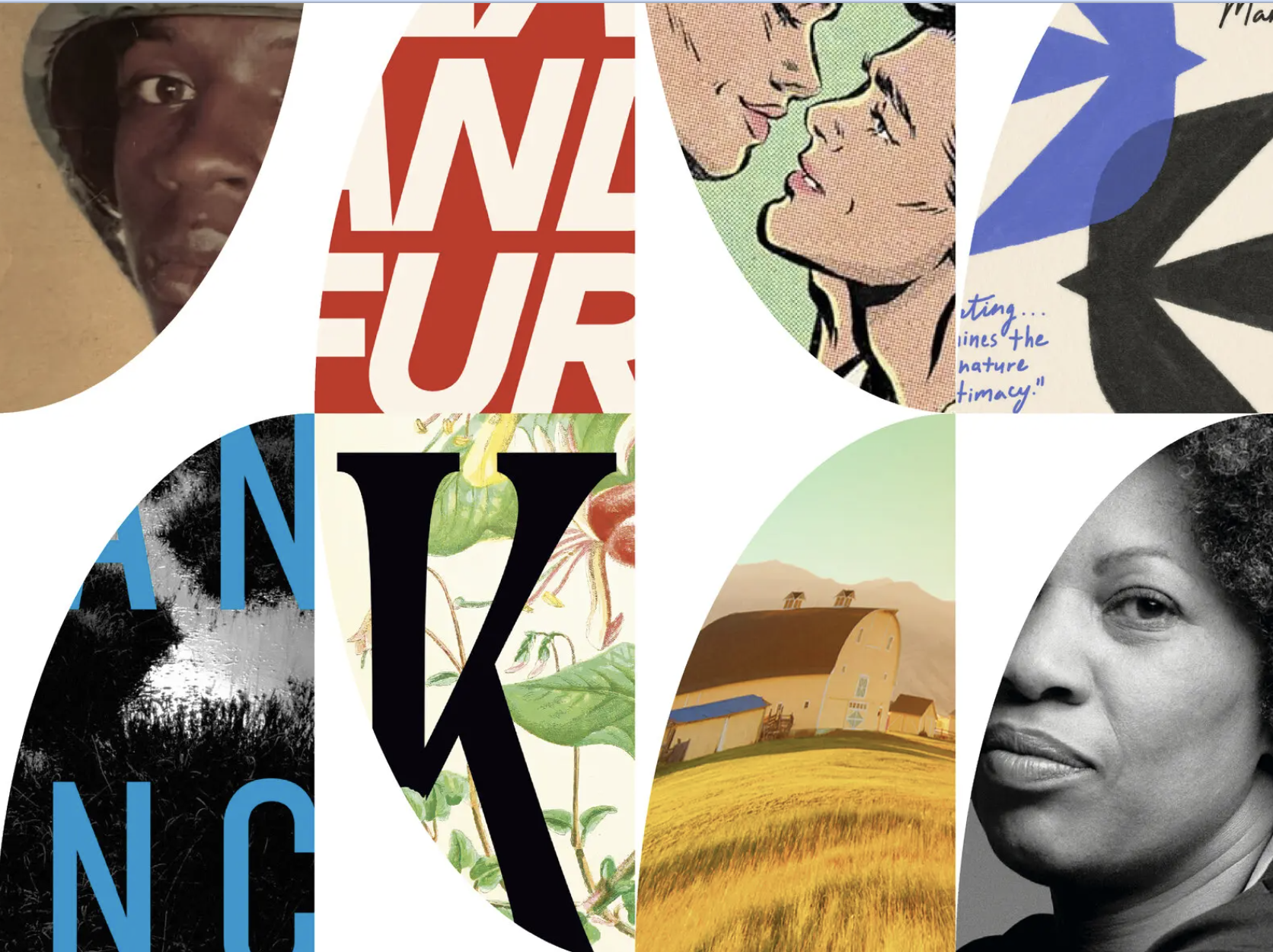 Collage of diverse images including a woman in a helmet, a romantic comic-style drawing of a man and woman, a black-and-white photo of trees, a farm scene, and a close-up of a woman's face, with large overlapping graphic text.