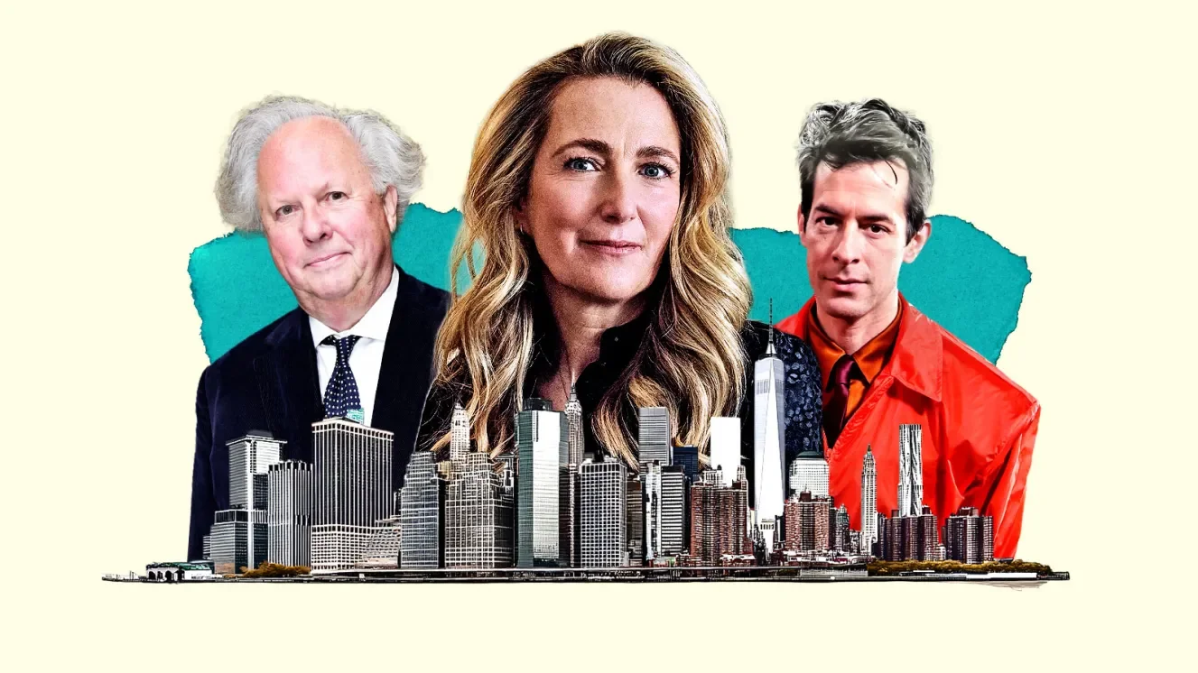 A collage of three people in front of a cityscape skyline, with a background outline of a map of the United States.