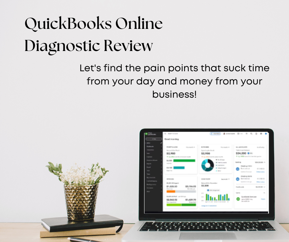 A promotional graphic for QuickBooks Online Diagnostic Review, featuring a laptop displaying financial charts and a plant on a desk.