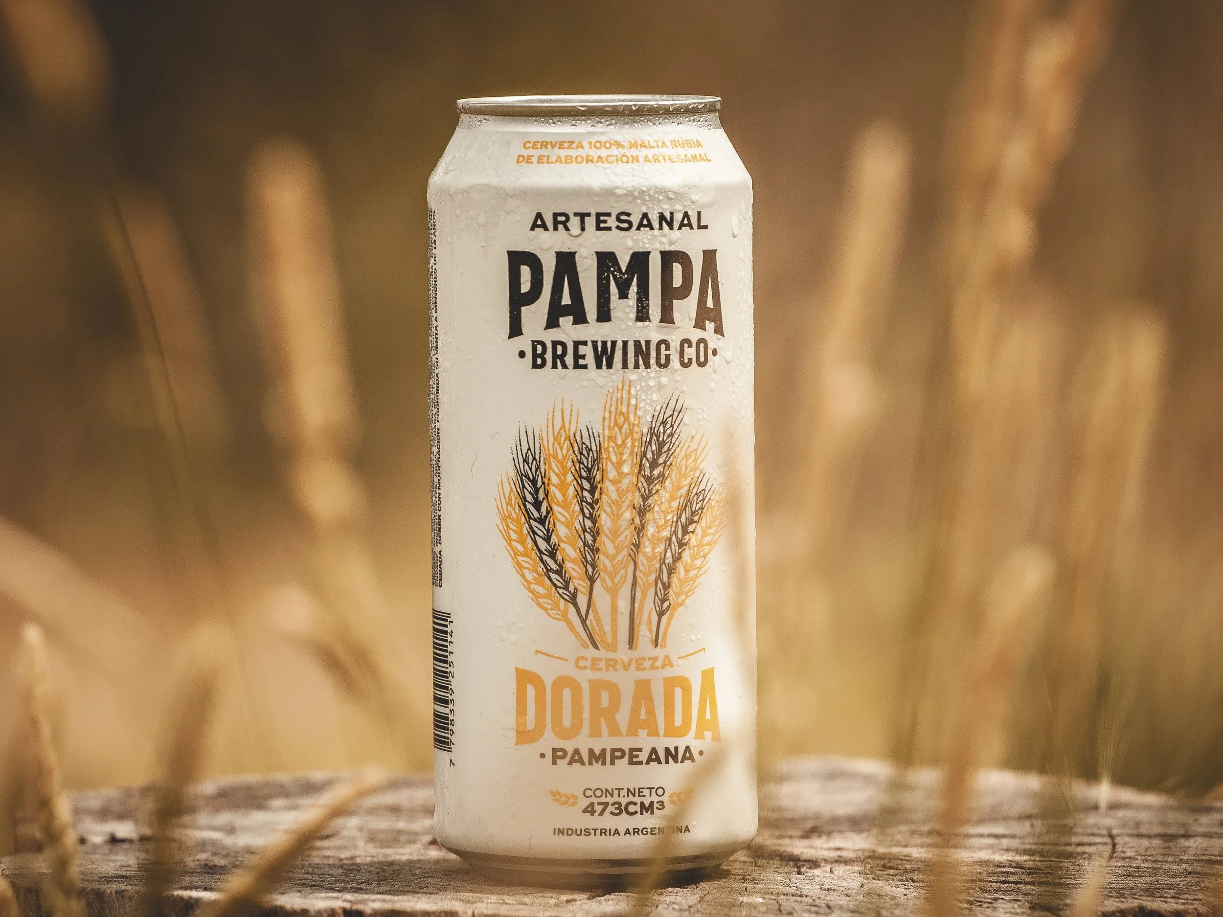 Lata de cerveza artesanal Pampa Brewing Company y Cerveza Dorada de la región Pampeana, con ilustración de espigas de trigo en un campo de cereal