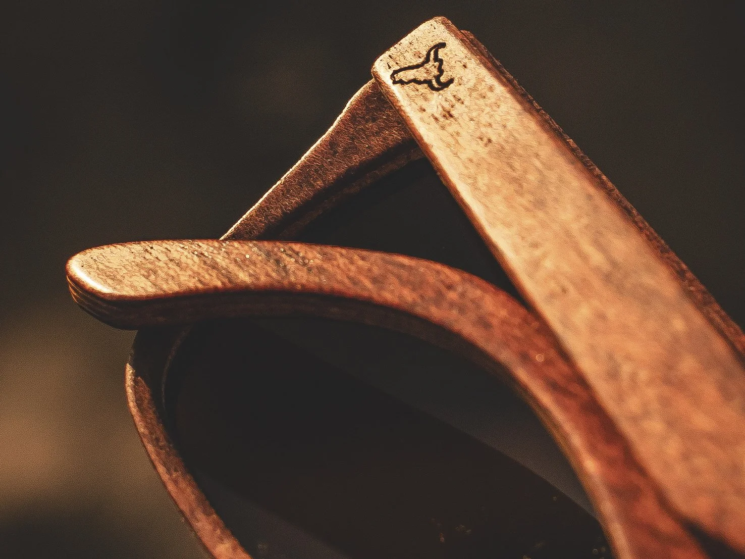 Manilla de una bicicleta de color cobre oxidado con un símbolo de bicicleta en la parte superior.