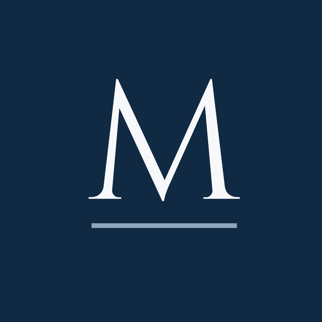 White letter 'M' with an underline on a dark blue background.