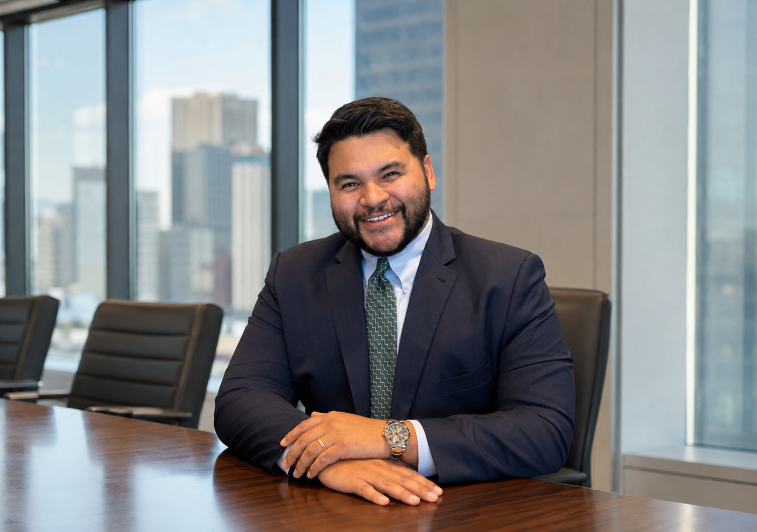 A man in a dark suit and tie sitting at a conference table in a modern office with city view in the background.