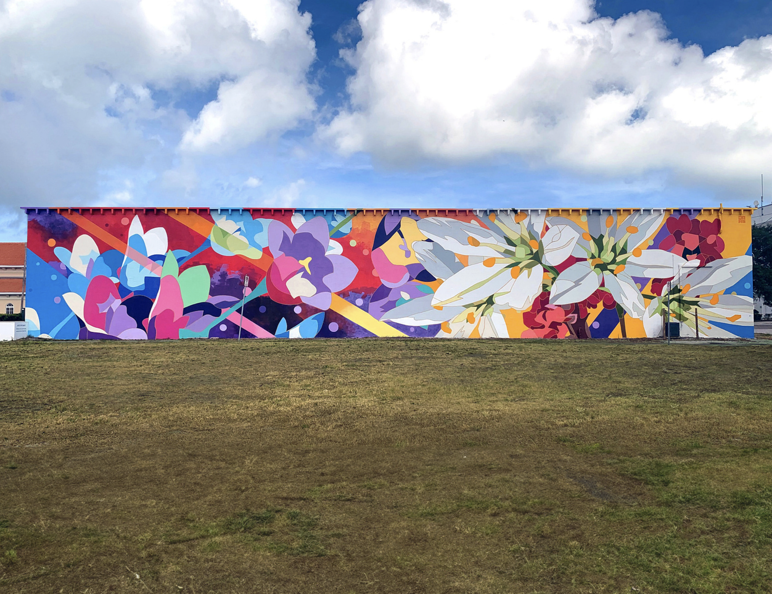 Work by the artist DAAS, Colorful mural on a building wall depicting abstract flowers in shades of purple, pink, white, and blue with a partly cloudy sky above.
