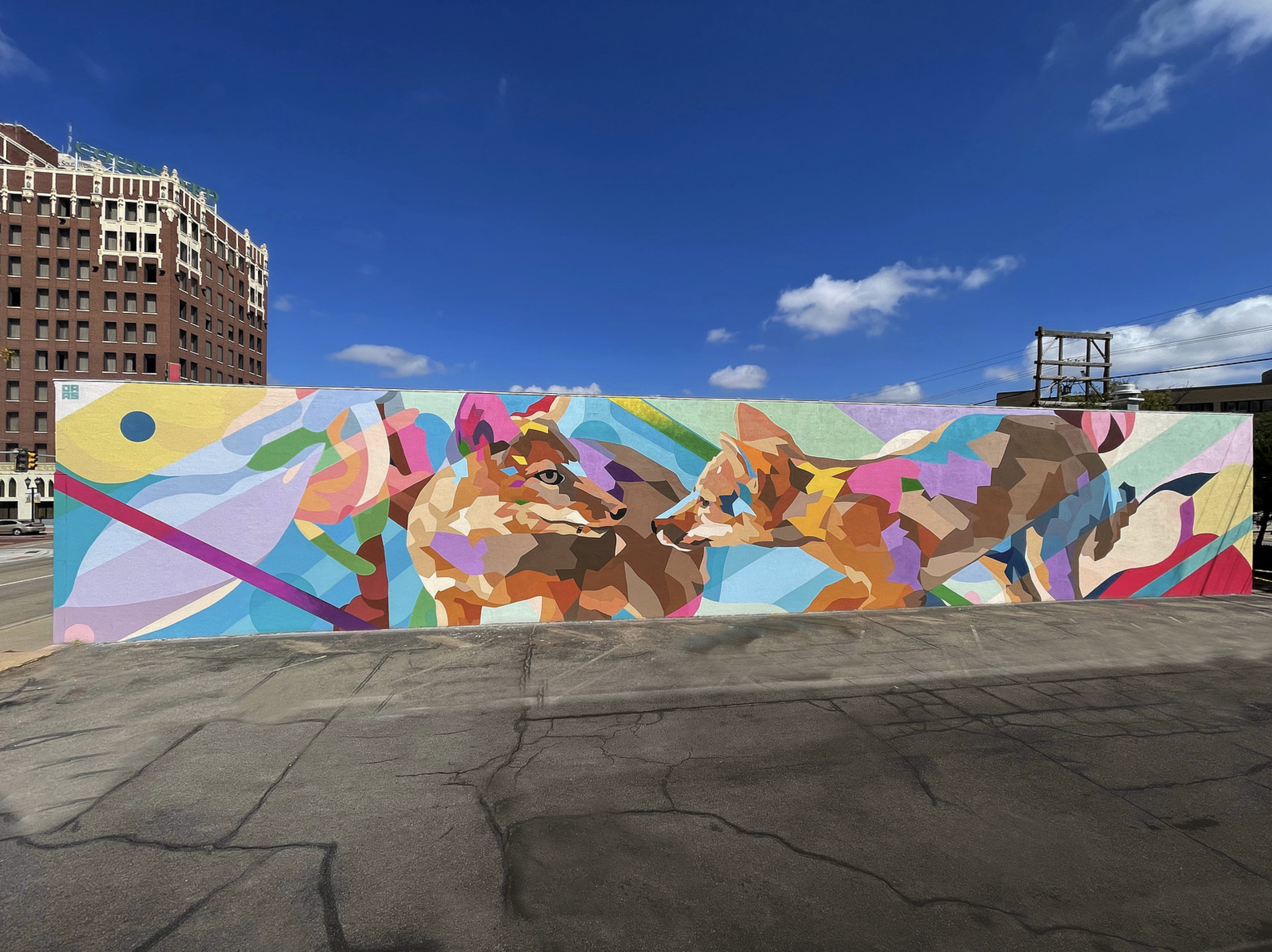 Work by the artist DAAS, Colorful mural of two dogs on a city street wall beneath a bright blue sky with some clouds.