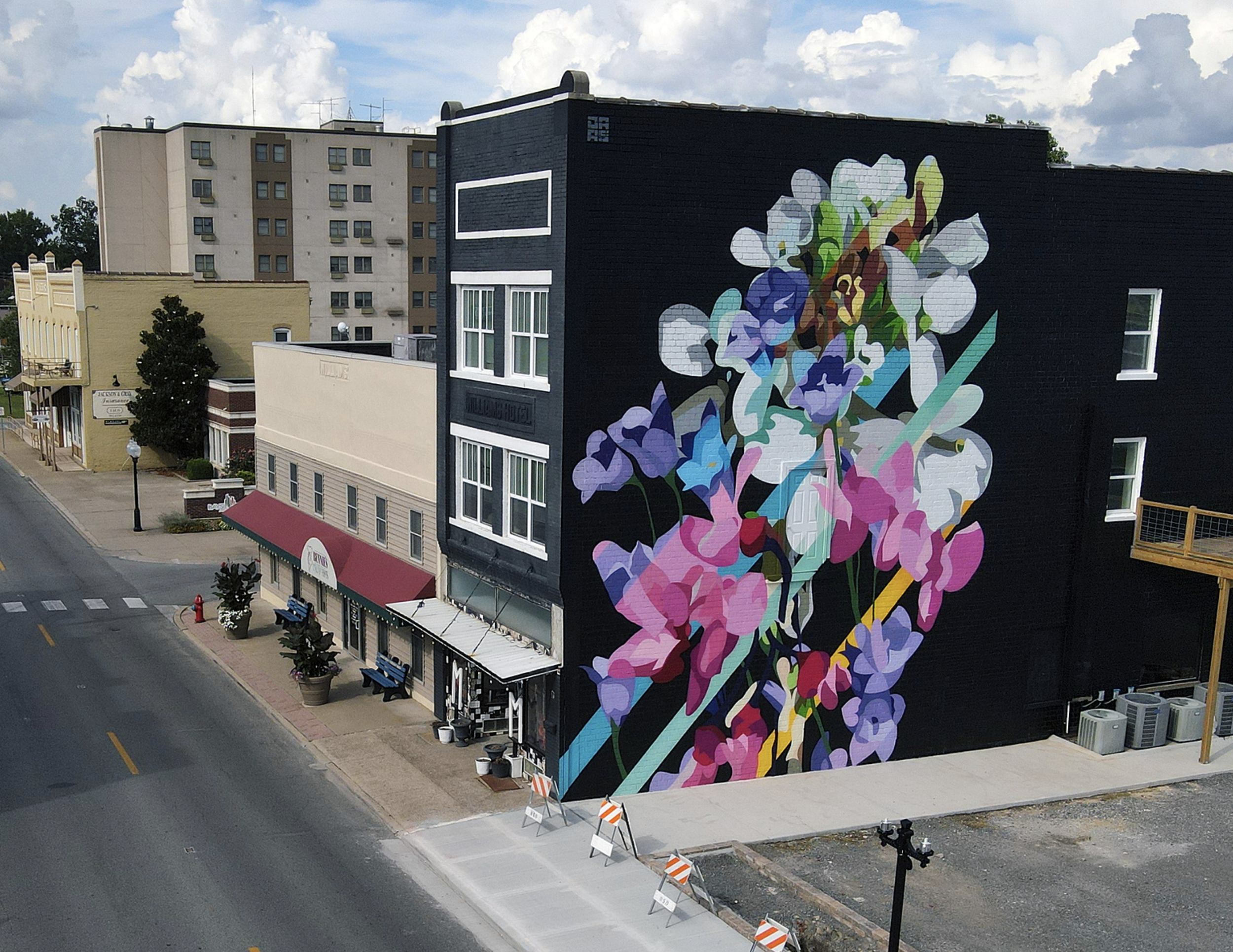 Work by the artist DAAS, A large mural of colorful flowers painted on the side of a black brick building in a small town.