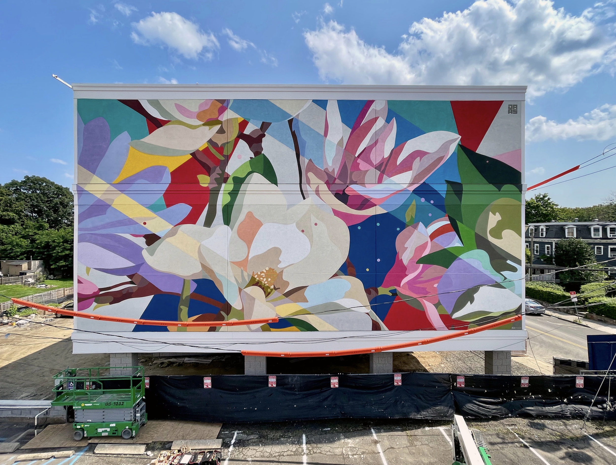 Work by the artist DAAS, A large colorful mural of abstract flowers painted on the side of a building, with a bright blue sky and some clouds in the background.