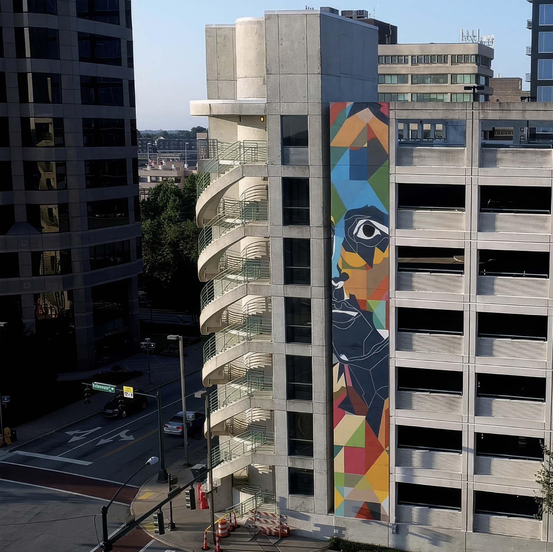 Work by the artist DAAS, A multicolored geometric mural of a woman wearing glasses and looking over her shoulder on the side of a parking garage in an urban area, with high-rise buildings and a street with cars in the background.