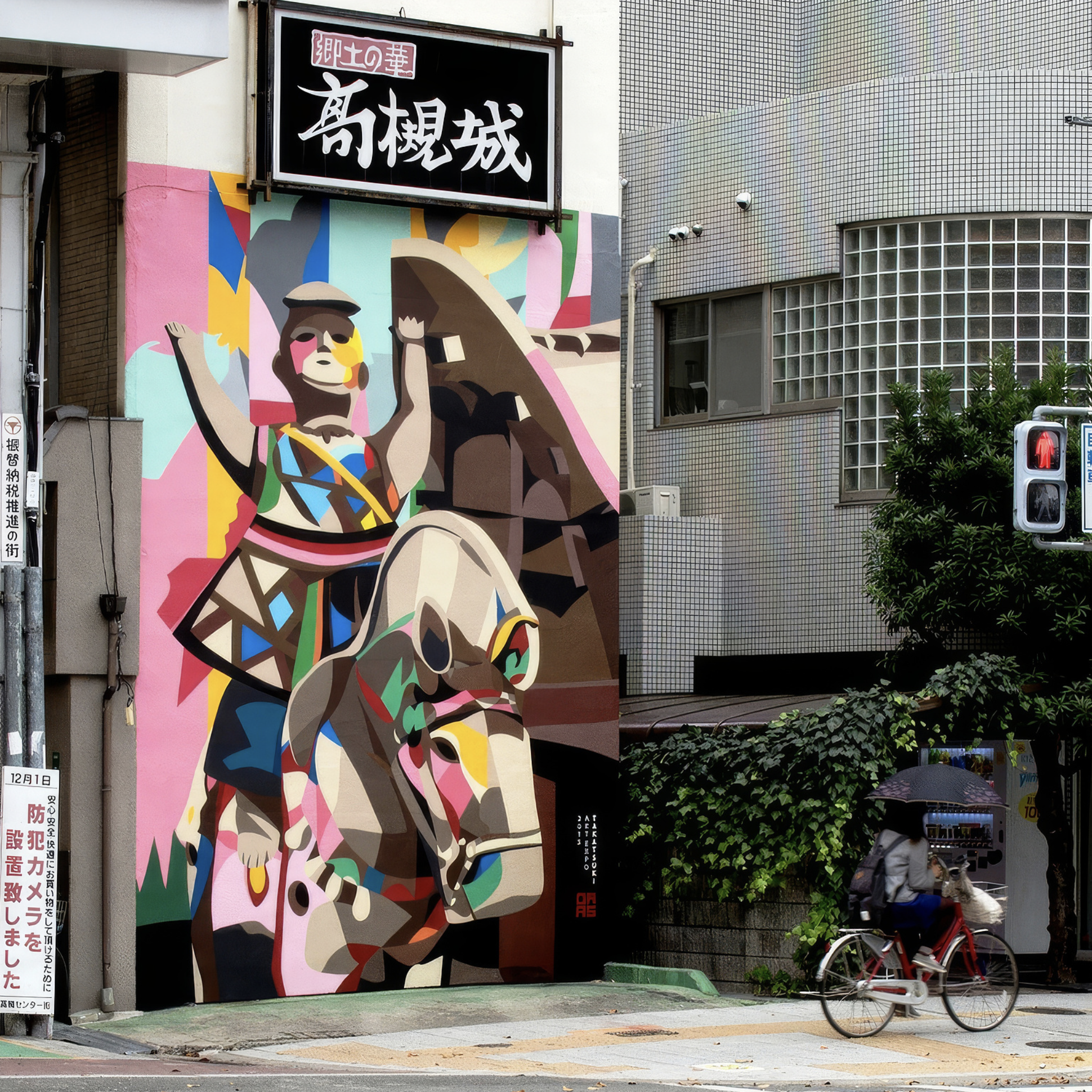 Work by the artist DAAS, Colorful mural of a girl riding a horse and holding an umbrella in an urban setting, with a person riding a bicycle and a pedestrian with an umbrella nearby.