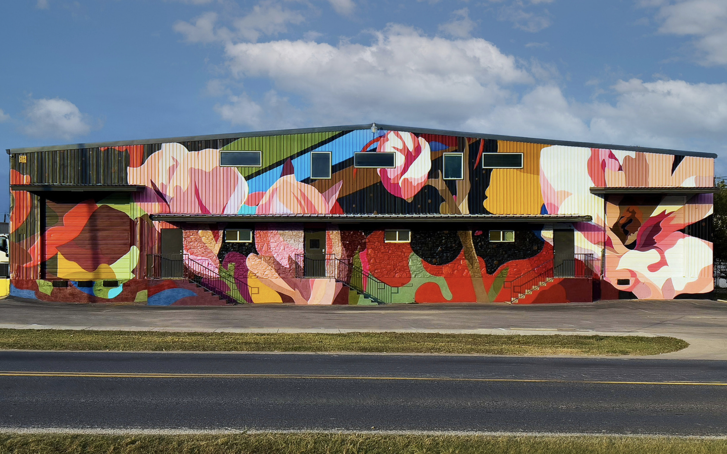 Work by the artist DAAS, Colorful mural on a building exterior featuring abstract floral designs in pink, red, green, blue, and yellow.