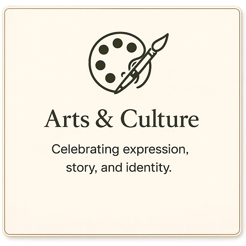 A poster with a paint palette and brush illustration above the words "Arts & Culture" and the phrase "Celebrating expression, story, and identity."