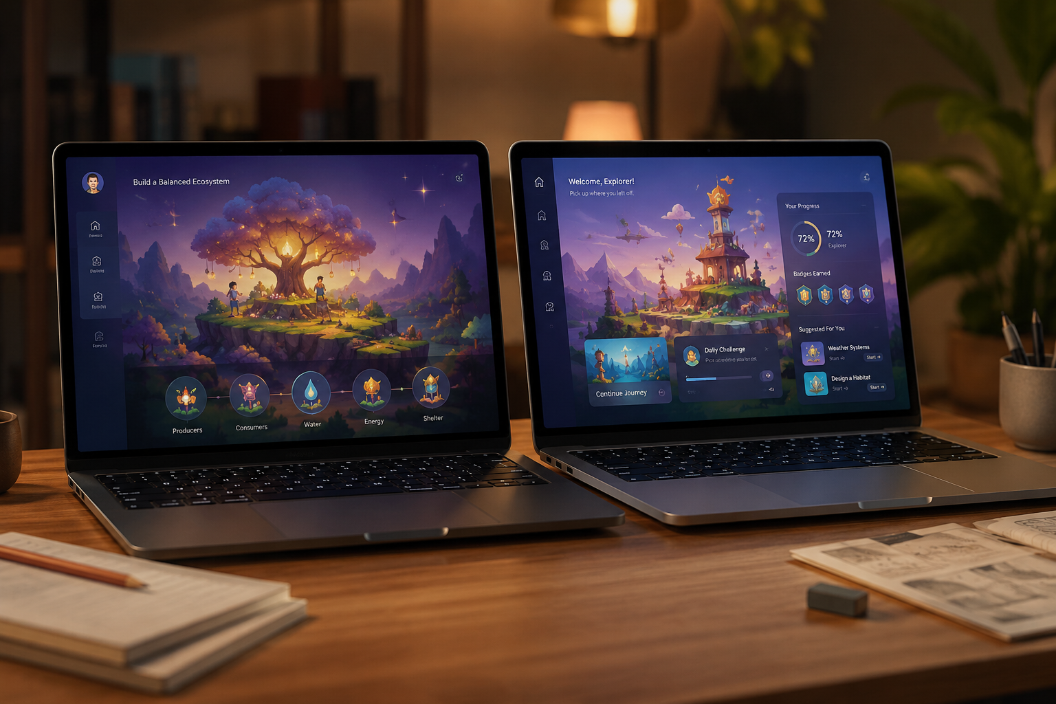 Two laptops on a wooden desk showing a fantasy-themed game interface with mountains, a large tree, and a floating castle in the background. The left laptop displays a build ecosystem with icons labeled Producers, Consumers, Water, Energy, Shelter. The right laptop shows a welcome screen with progress bars, badges, and options for game challenges and exploration.