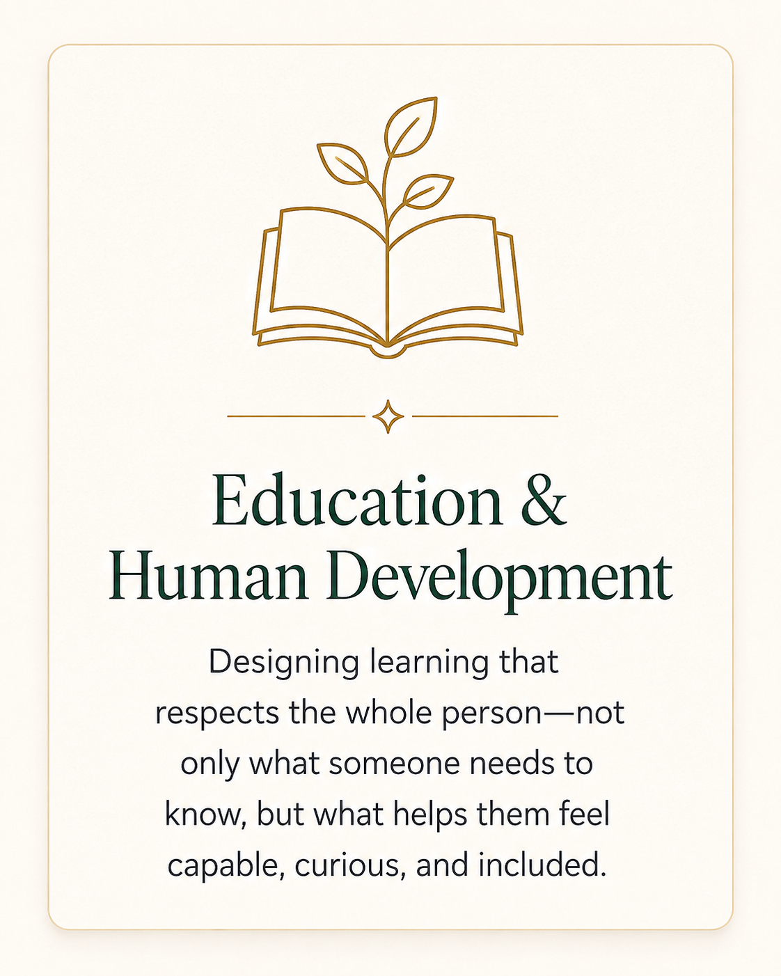 Cover of a book or brochure titled 'Education & Human Development' with an open book and plant illustration, and text about designing learning that respects the whole person.