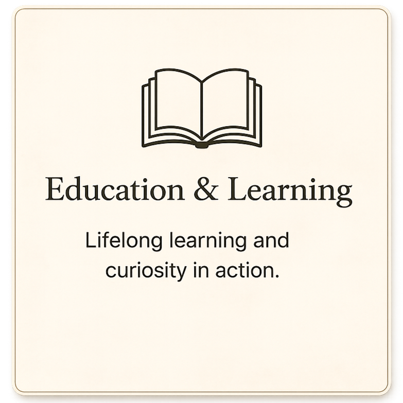 A sign with an open book icon and the text "Education & Learning" followed by "Lifelong learning and curiosity in action."