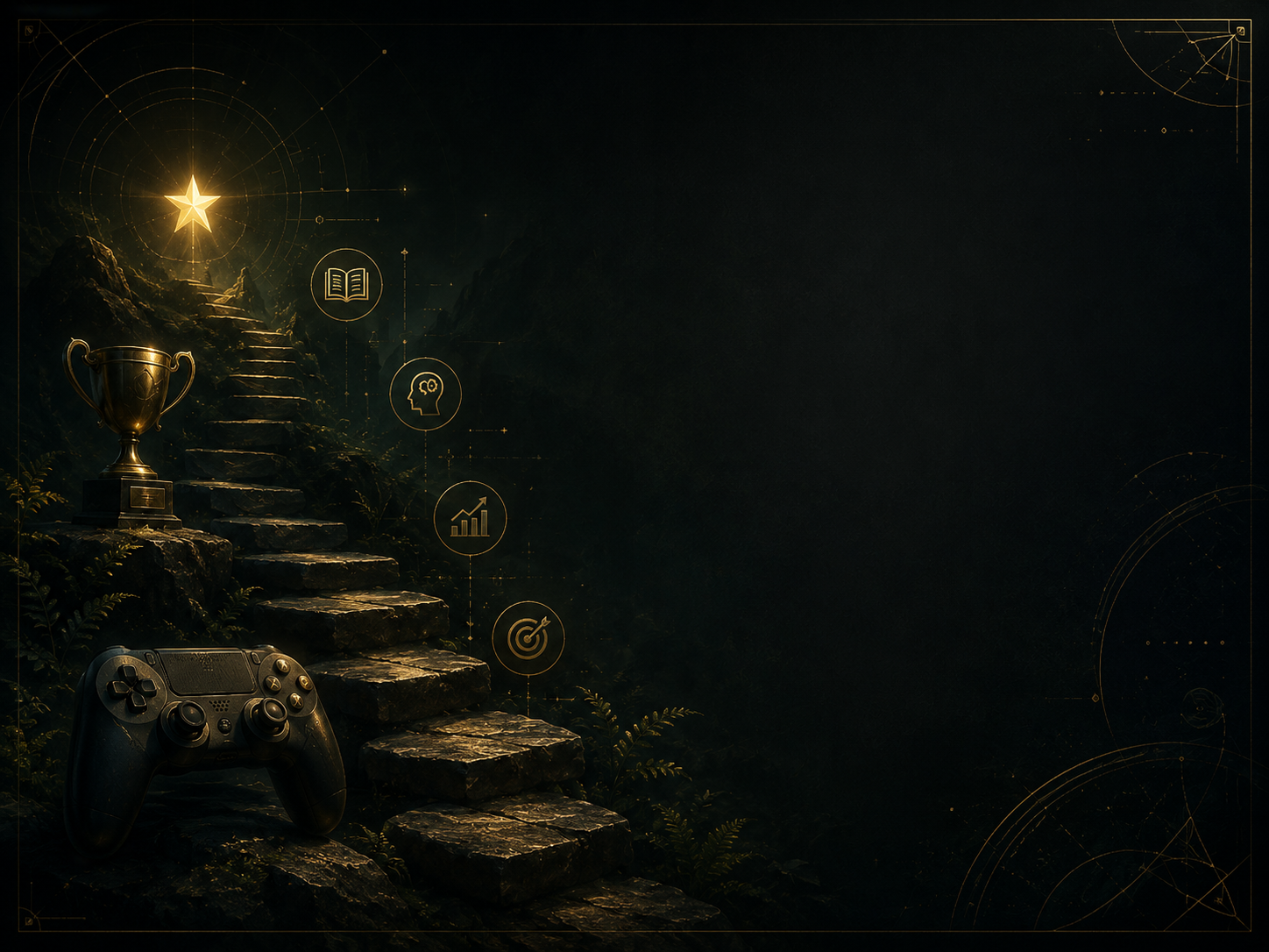 Dark fantasy landscape with stone stairs leading up to a bright star, surrounded by icons of a trophy, book, head with a gear, bar chart, and target, with a gaming controller in the foreground.