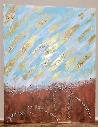 Privledged Pain: Trauma Roots & Routes[2022] [Medium: Acrylic, Broken Glass Shards, Gold flakes, and Gold chain]