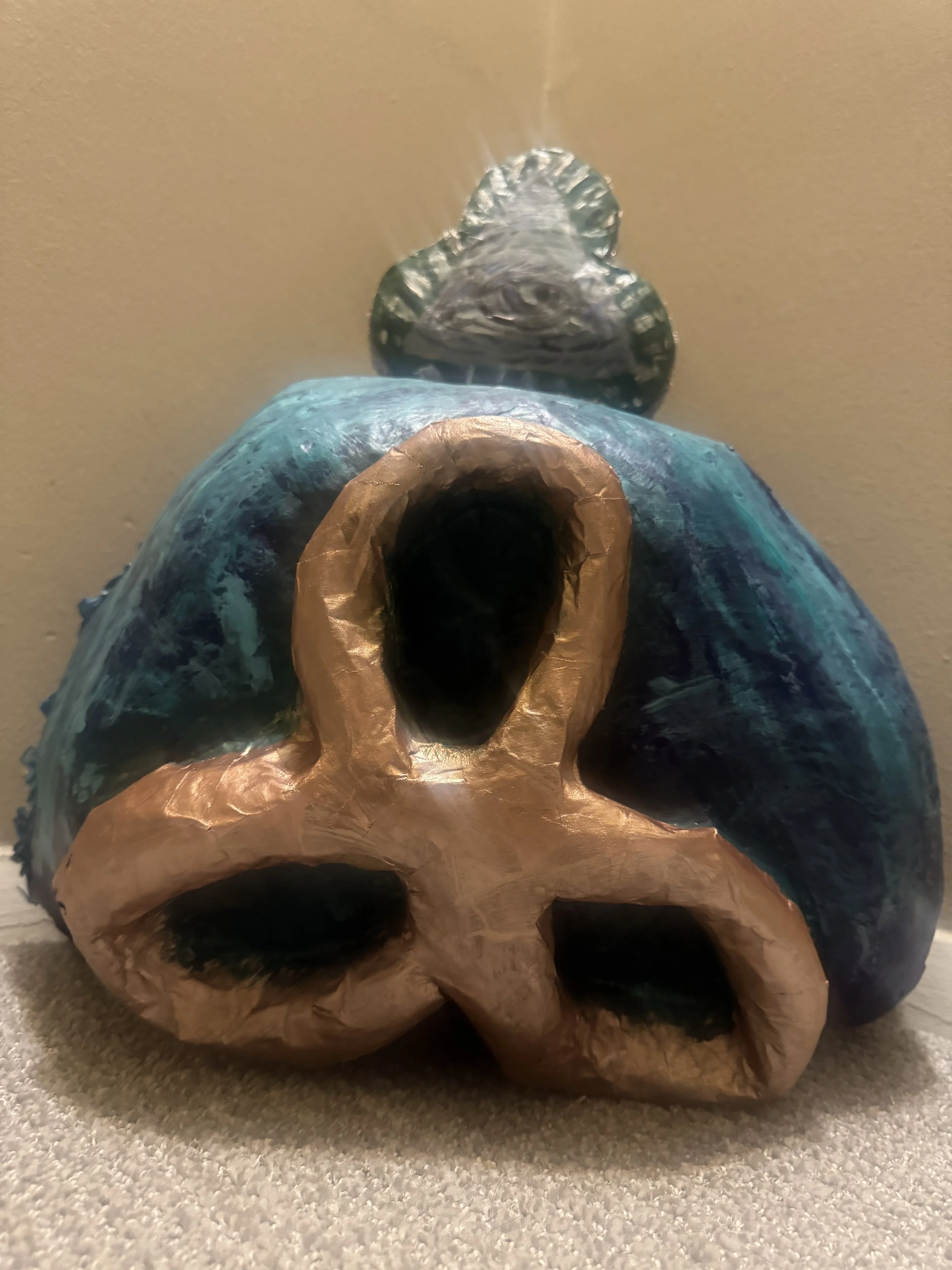 Briwolf's Ancient Alien Head [2025] [Medium: Paper Mache, Acrylic, Stones, Glass Shards, Carboard]