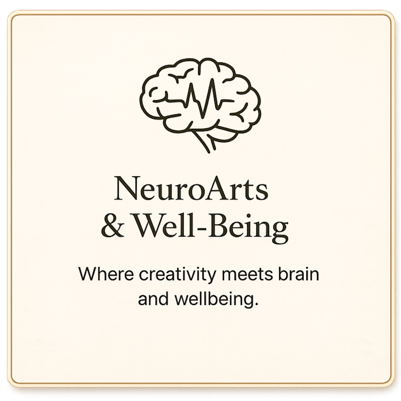 A logo of a brain with a heartbeat line inside it, above the text "NeuroArts & Well-Being" and the subtitle "Where creativity meets brain and wellbeing."