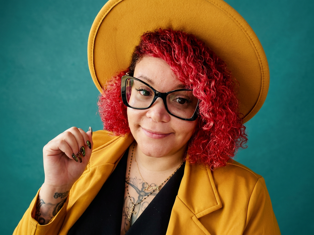 Bri, the founder, with curly red hair wearing a yellow hat and jacket, black glasses, smiling at the camera.
