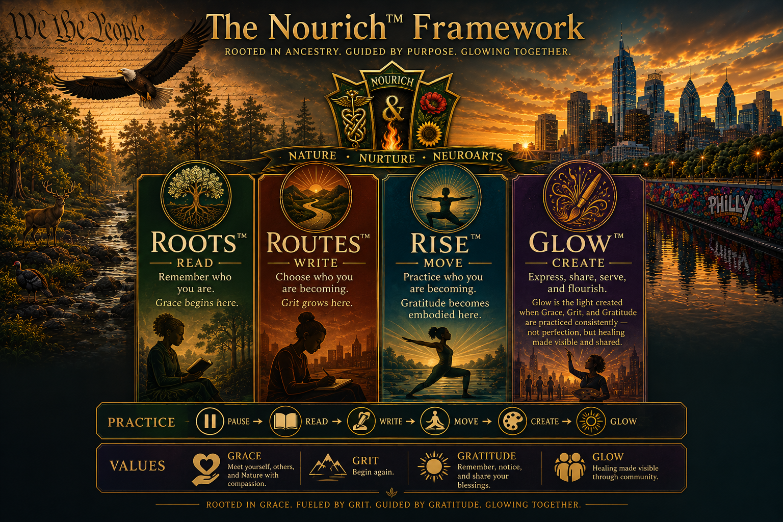 An infographic titled 'The Nourich Framework' showing four interconnected pillars: Roots, Routes, Rise, and Glow. Roots emphasizes reading to remember who you are. Routes emphasizes writing to choose and grow. Rise emphasizes moving to practice and embody gratitude. Glow emphasizes creating and sharing for healing and flourishing. The background features a forest, cityscape, and water with sunset lighting. Symbols and icons represent practice, values like grace, grit, gratitude, and glow, and the framework's guiding principles.