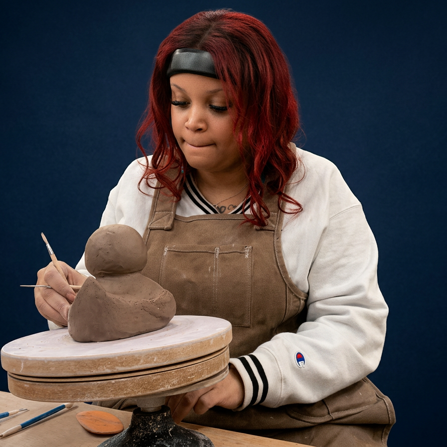 A woman with red hair sculpting clay into an abstract figure on a rotating stand.