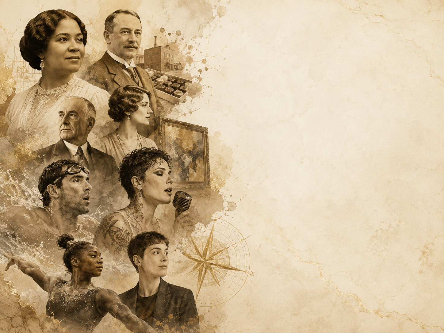 A collage of various people from different historical eras and professions, including a woman with a microphone, athletes, and a man with goggles, all in sepia tones, with a vintage background and a compass rose.