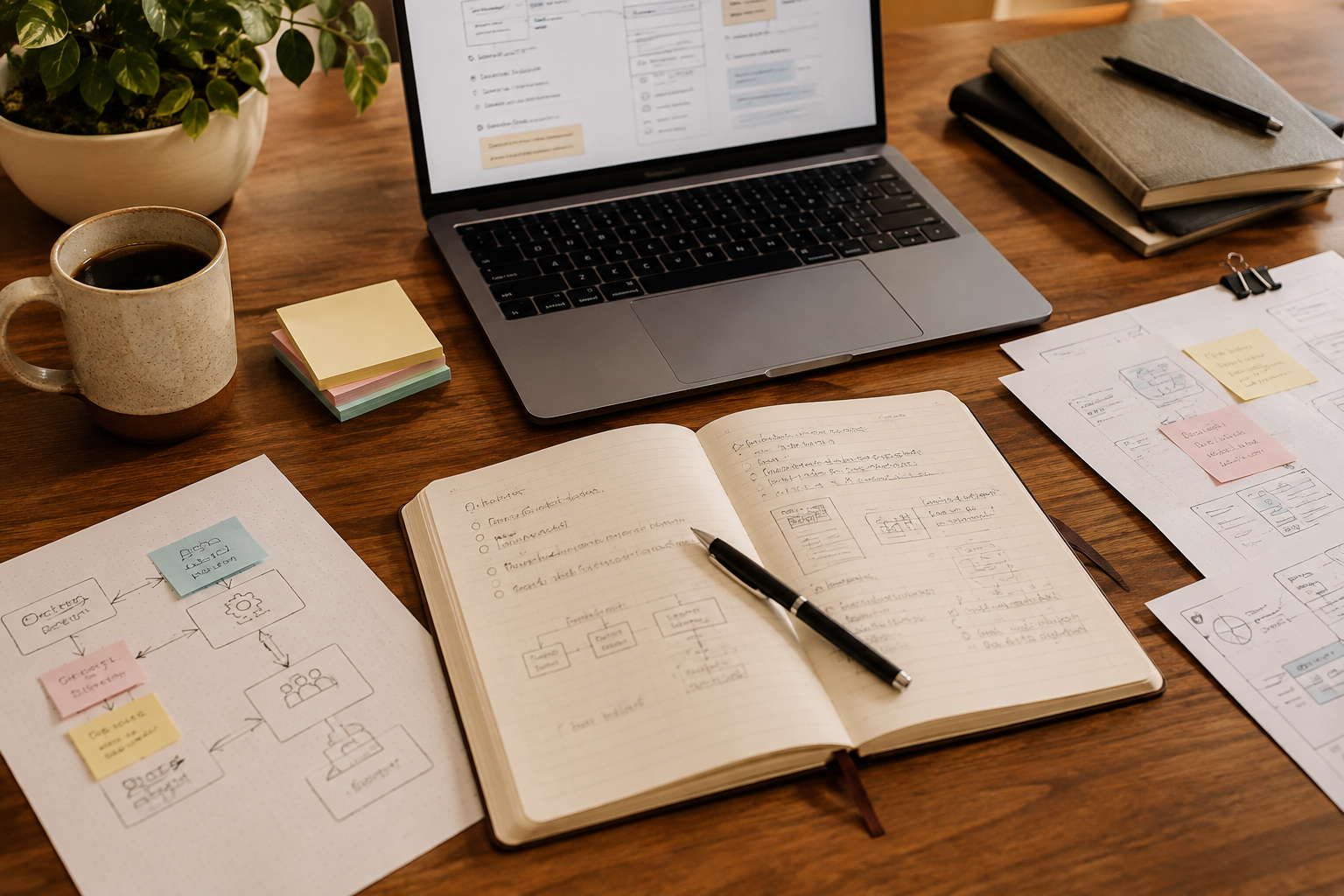 An organized workspace with a laptop, notebook, sketches, sticky notes, a cup of coffee, and a potted plant on a wooden desk.