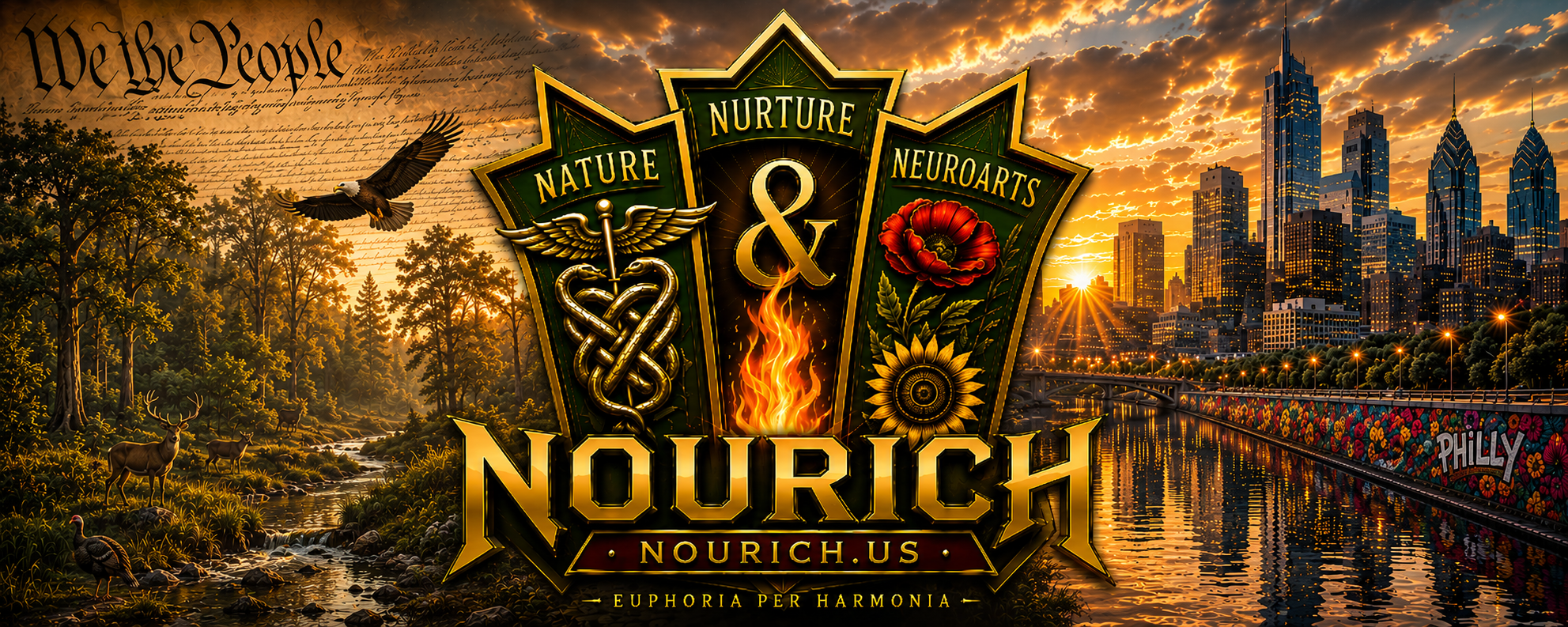 A graphic design showing a city skyline at sunset on the right, a forest with animals like deer and a bald eagle on the left, and a shield in the middle with words 'Nature,' 'Nurture,' and 'Neuroarts.' The word 'Nourich' appears at the bottom, with the URL 'nourich.us' and the slogan 'Euphoria Per Harmonia.' The background includes the U.S. Constitution's text, clouds, and a colorful mural on a wall along a waterway.