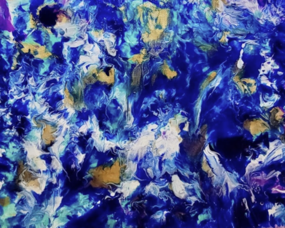Abstract painting with swirling blue, white, and gold colors.