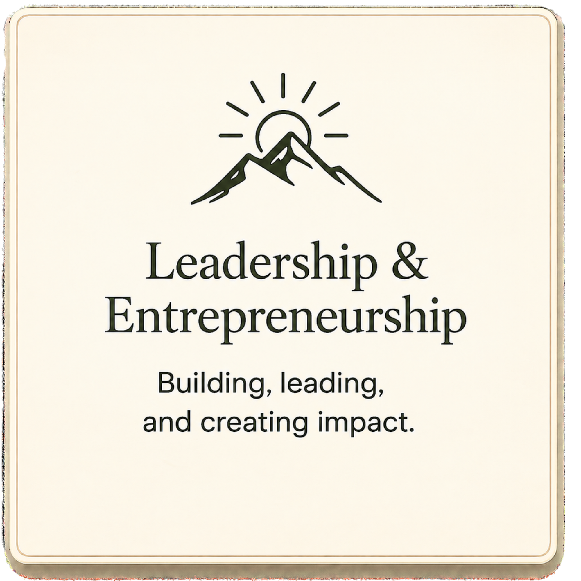 A graphic of mountains with a sun rising or setting behind them, representing leadership and entrepreneurship.