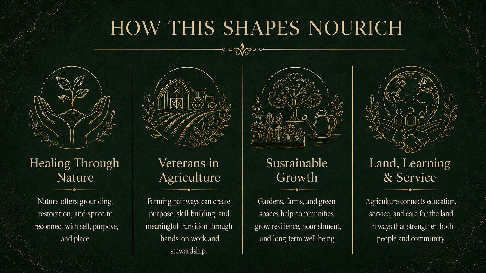 An informational graphic titled 'How This Shapes Nourish' with four sections. The first section shows hands holding a sprouting plant, titled 'Healing Through Nature,' with text about nature offering grounding and restoration. The second section features a barn and tractor, titled 'Veterans in Agriculture,' with text about farming pathways creating purpose and skill-building. The third section depicts a garden with a watering can, titled 'Sustainable Growth,' with text about gardens and farms helping communities grow resilience. The fourth section shows a handshake over a globe with three people, titled 'Land, Learning & Service,' with text about agriculture connecting education and community service.