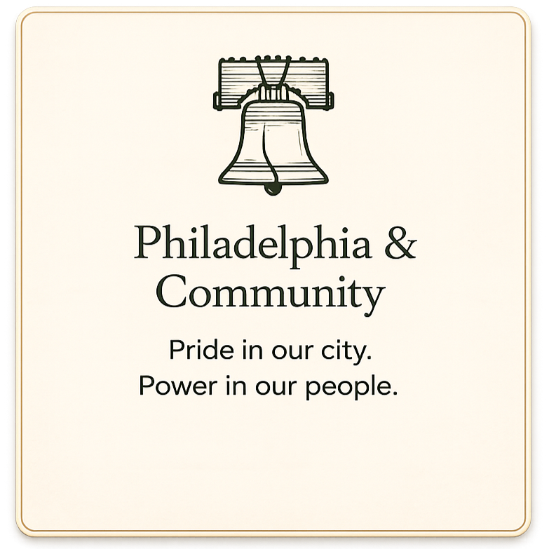 Sign with an illustration of the Liberty Bell, reading 'Philadelphia & Community. Pride in our city. Power in our people.'