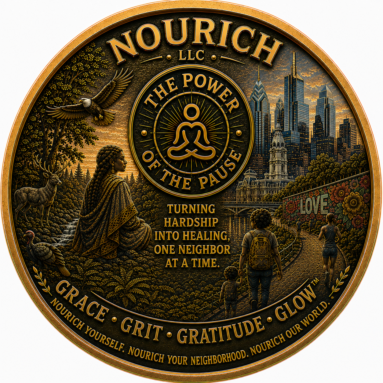 Illustration of a coin with the words 'Nourish LLC of the Power of the Pause' at the top and 'Turning Hardship into Healing, One Neighbor at a Time' in the center. The coin features a city skyline, a woman meditating, trees, a deer, birds, and a family walking on a path with a colorful mural, with words 'Grace', 'Grit', 'Gratitude', and 'Glow' at the bottom.