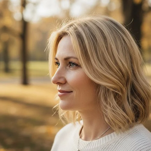 A woman with blonde hair and blue eyes looking to the left, outdoors during fall with trees and blurred background.