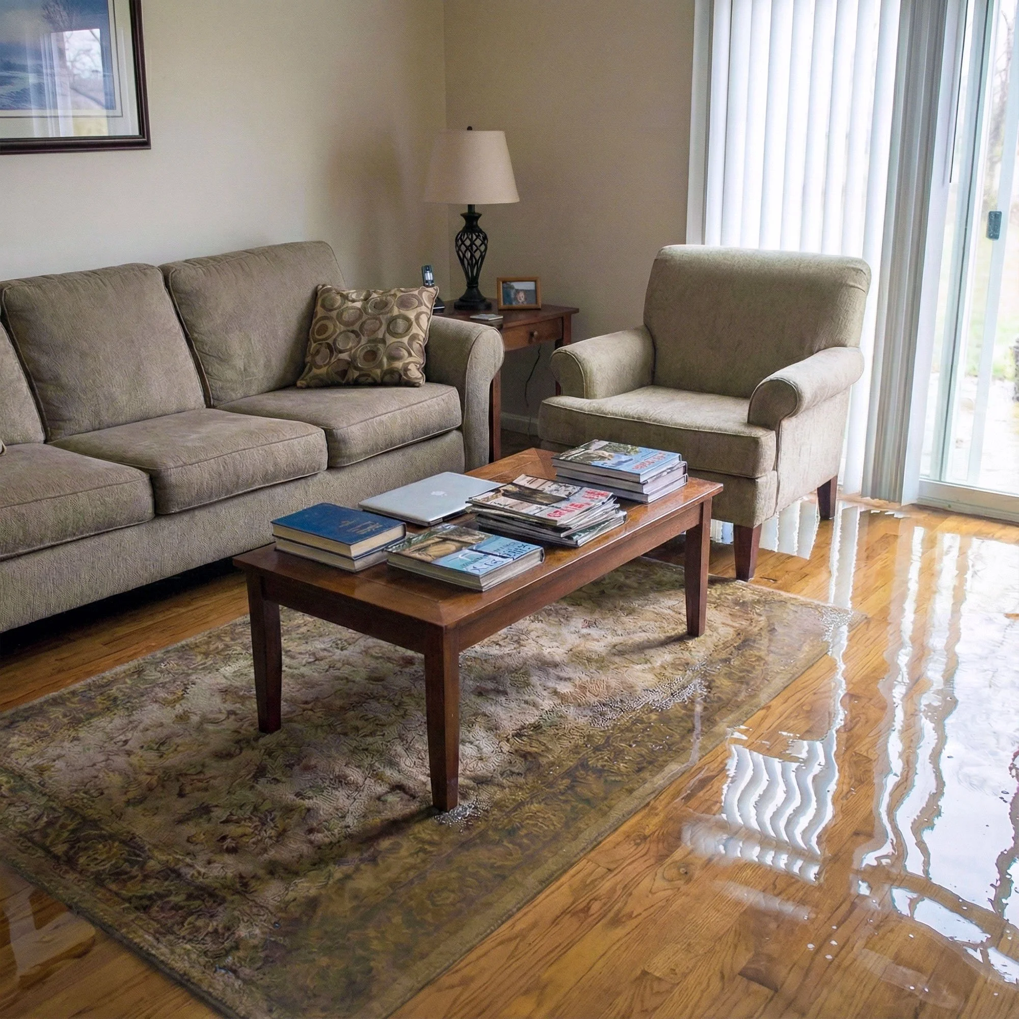 Living room with beige sofa, armchair, coffee table and wooden floor that has been flooded.