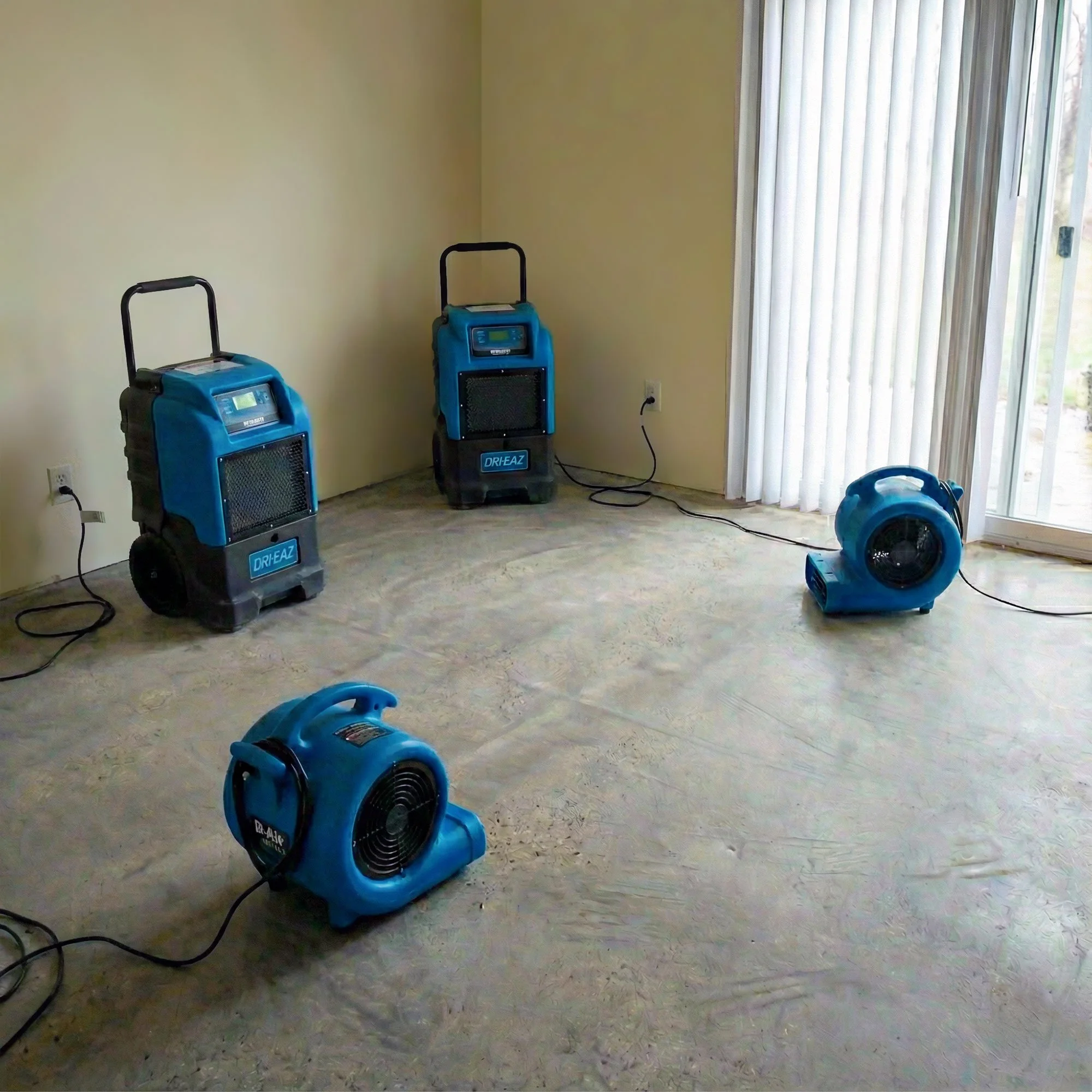 A BAM Restoration project that shows a room that has been treated for water damage, three blue portable drying units, two against the wall.