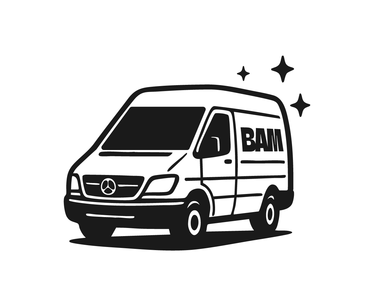 A BAM Restoration sprinter van with a Mercedes-Benz logo on the front, the word 'BAM' written on the side, and three sparkling stars around it.