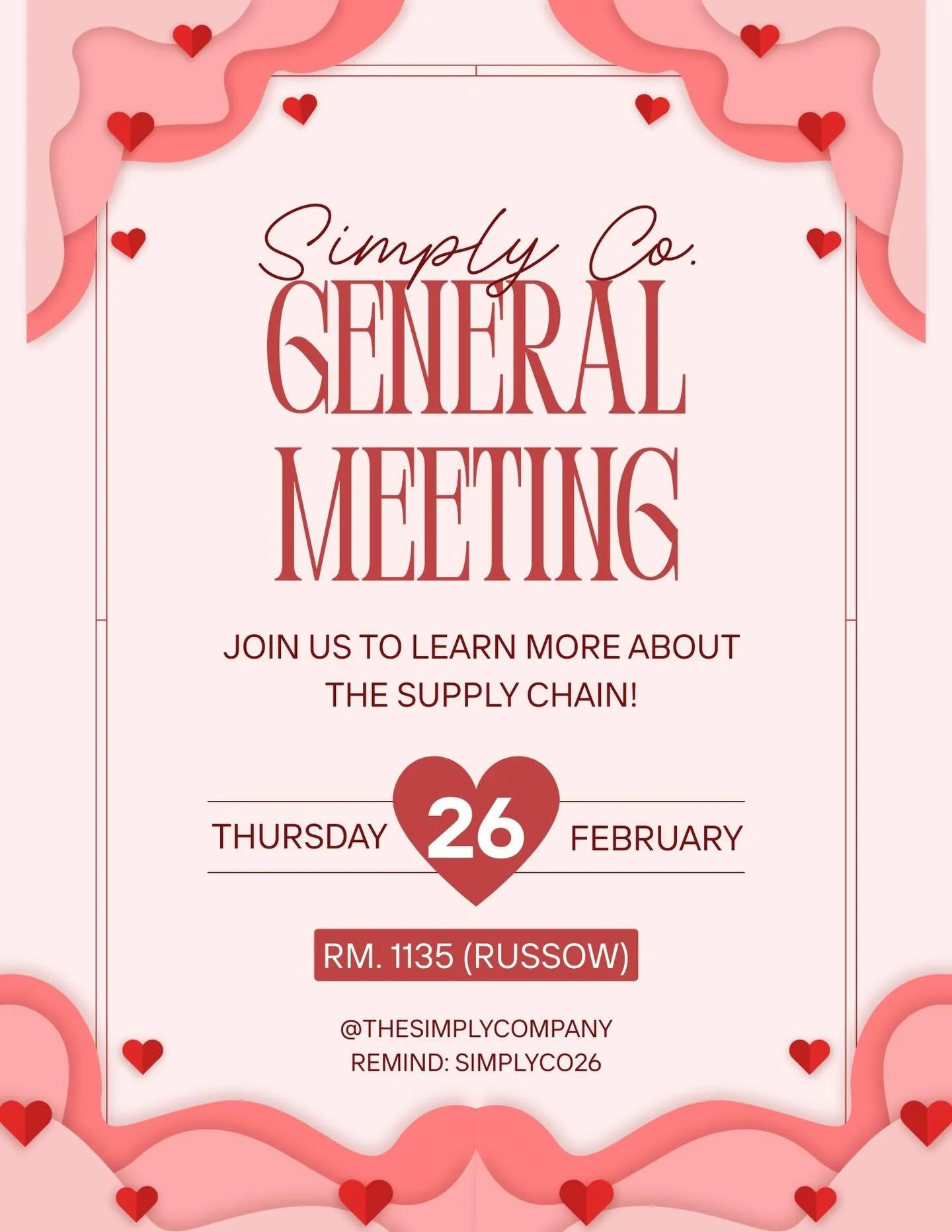 Hi Simplies! We will be having our supply chain workshop meeting this Thursday 2/26. There will be snacks and some other calendar updates, so make sure to show up with friends to Mr. Russow&rsquo;s room!
