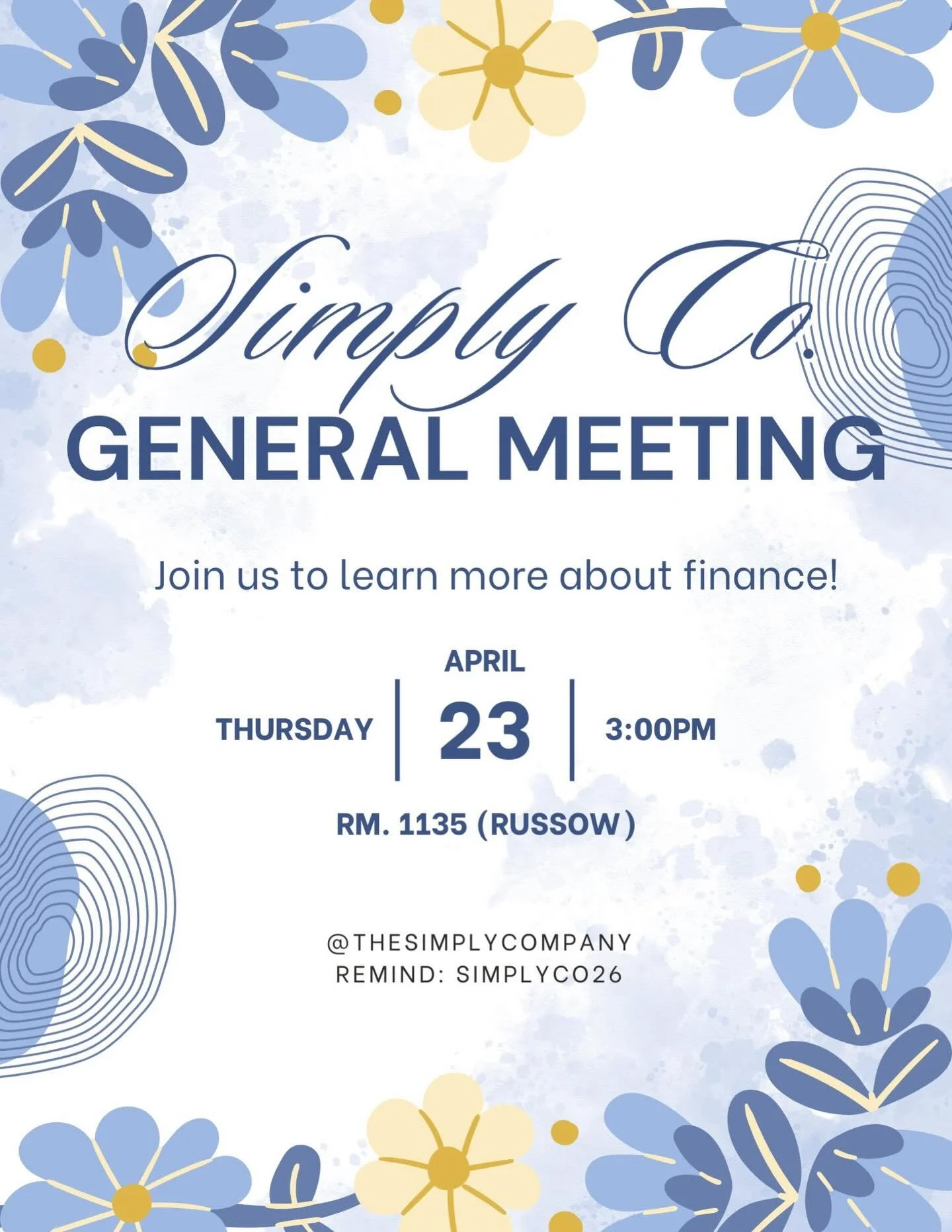 Hey Simplies!! We are having our Finance Workshop this Thursday after school, so make sure to come by with friends for food, a fun activity, and a good time!