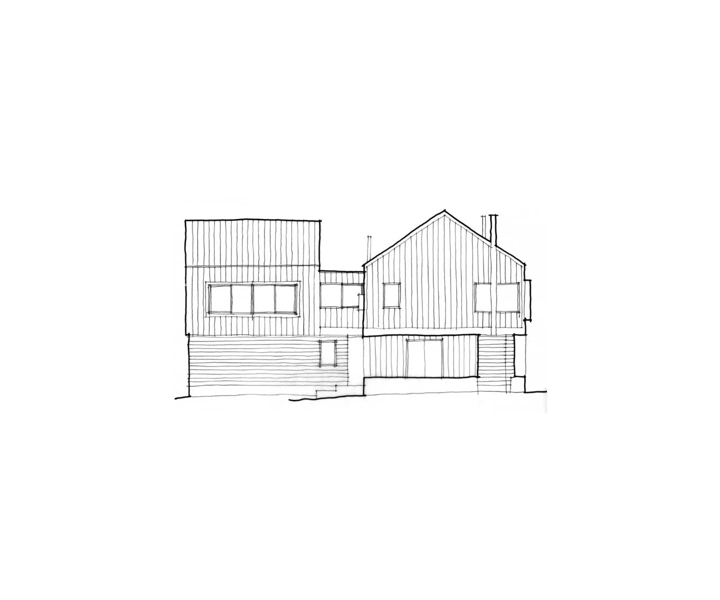 Line drawing of a modern, two-story house with vertical and horizontal siding, multiple windows, and a staircase leading to the entrance.