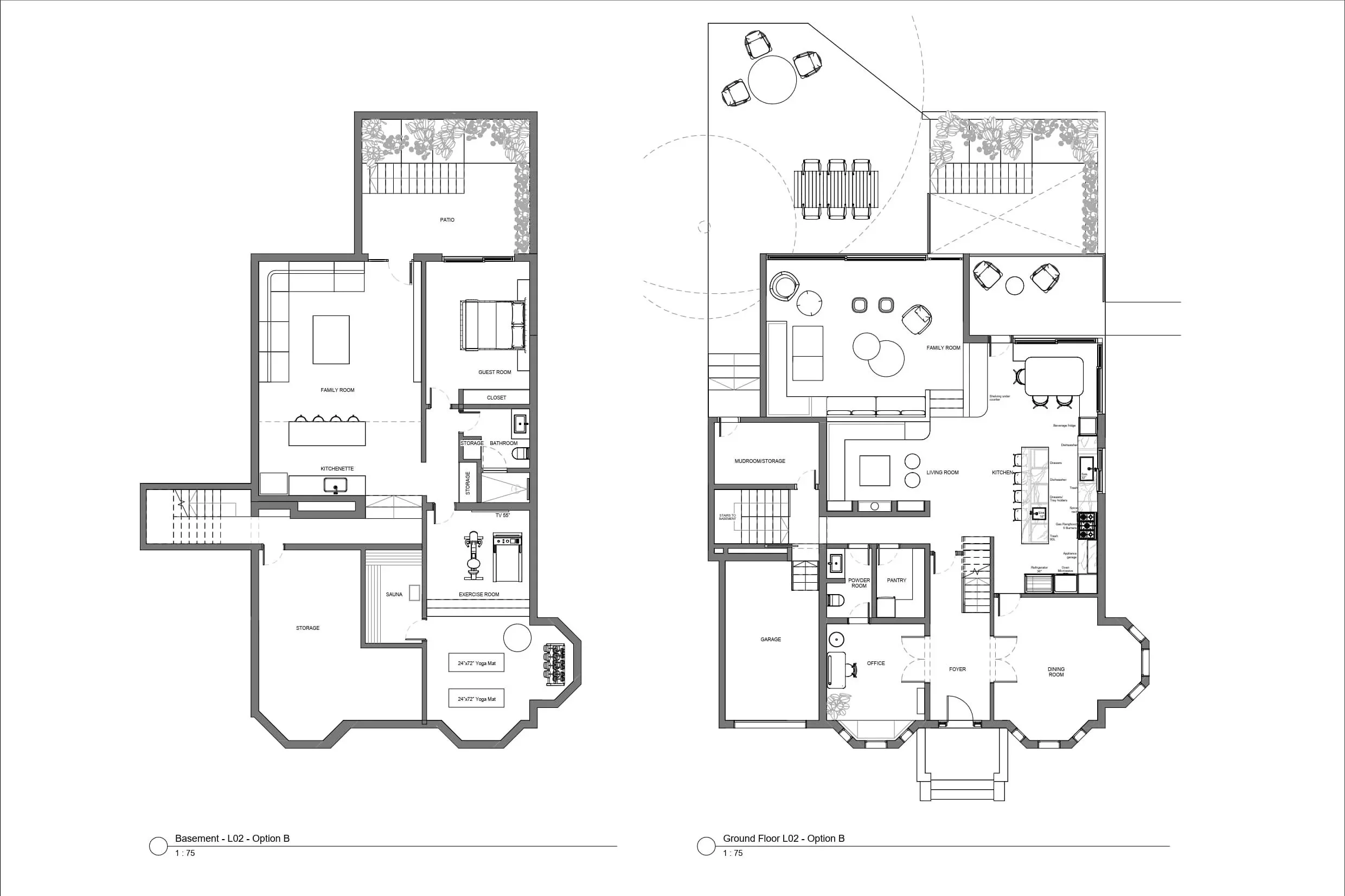 Floor plan of a house showing a basement and ground floor layout with rooms labeled including family room, guest room, kitchen, bathroom, sauna, exercise room, storage, garage, office, foyer, dining room, living room, and outdoor patio area.