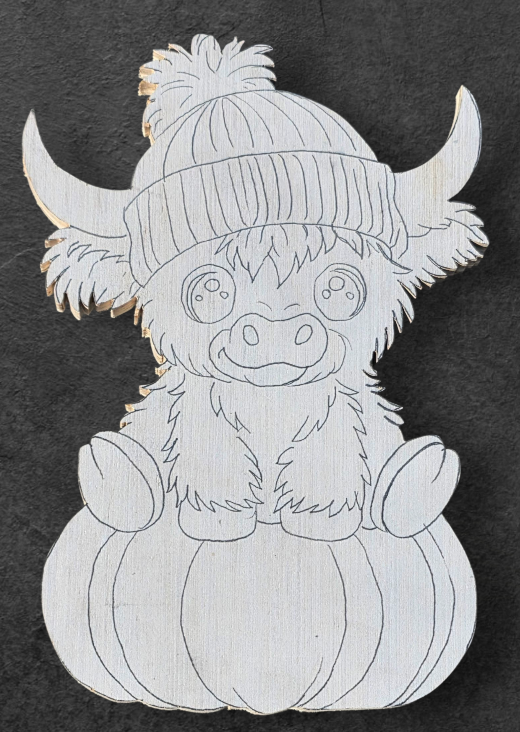 Unfinished ready to paint Fall Highland cow on pumpkin, Highland cow door hanger