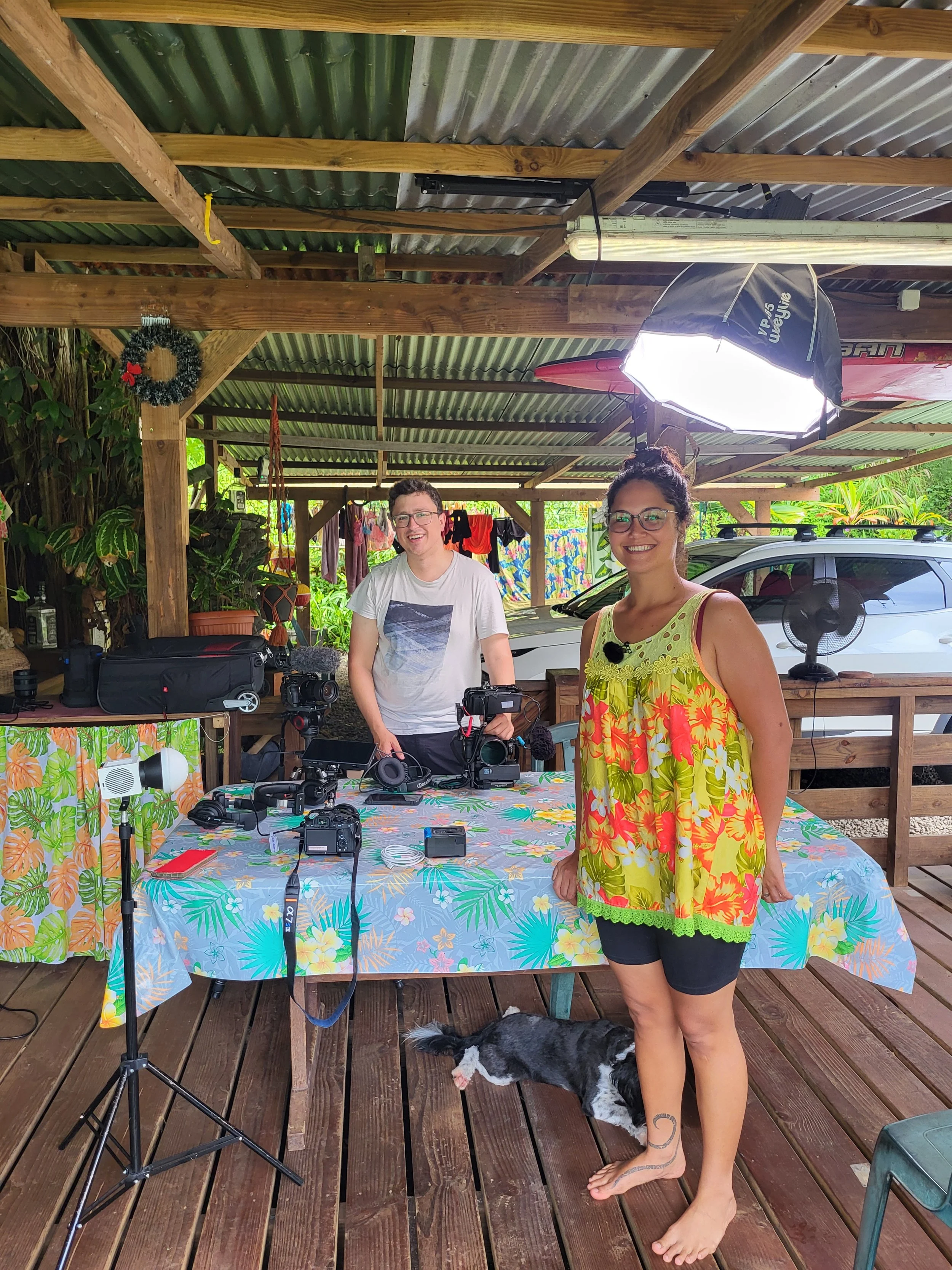 Shooting a scene at a protagonist's house in Tahiti.